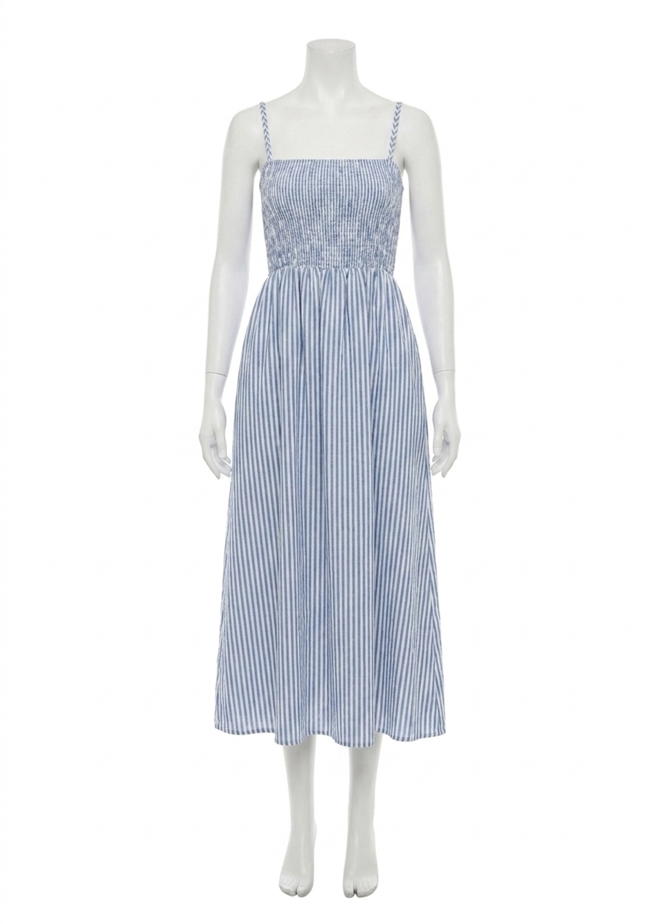 NEW SIX/FIFTY ebony striped poplin smocked dress in blue